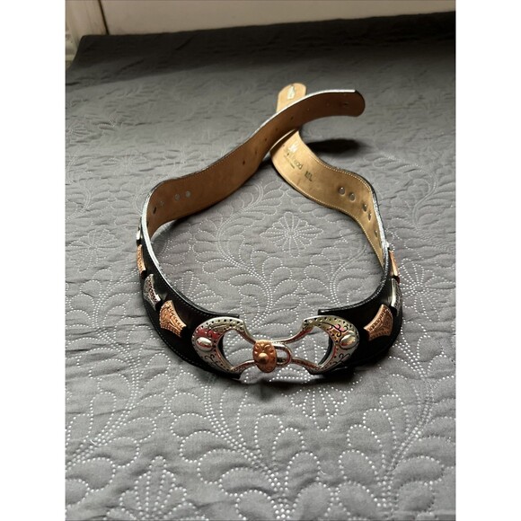 Streets Ahead VTG Silver & Rose Gold Medallion Black Leather Belt SZM/L RARE 42\